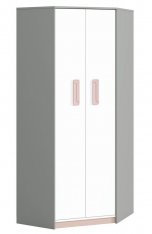 Rohová šatní skříň VILLOSA šedá/bílá/růžová